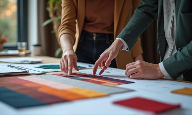 디자이너와 연구원이 소재 샘플을 보며 상담하는 모습